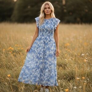 By The River Floral Smocked Tiered Maxi Dress Cottagecore Coastal Grandmother L